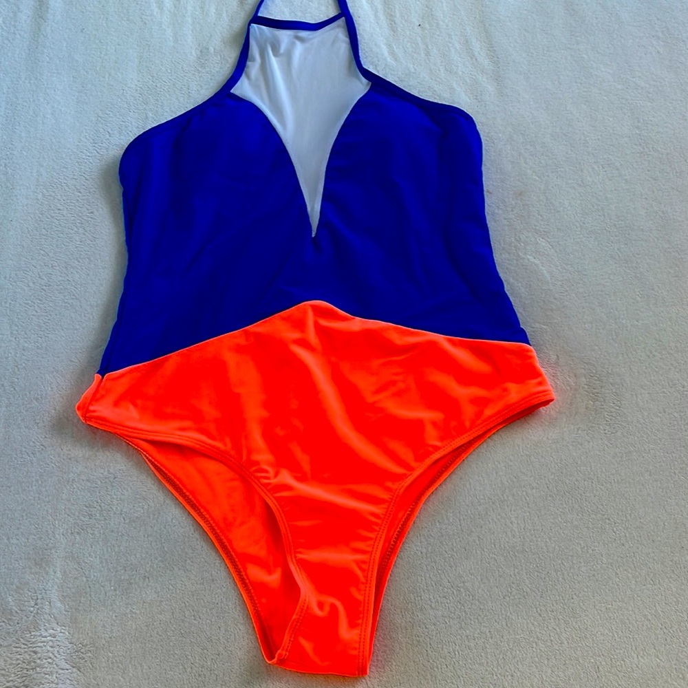 Size Large swimsuit bright blue orange Large L brand new no tags High Neck
